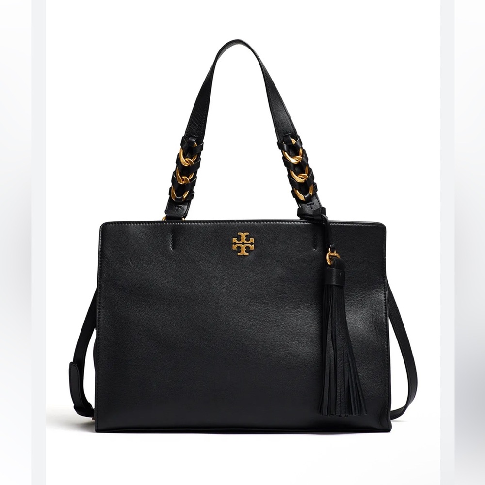 Tory Burch Black Leather Tote with Gold Accents
